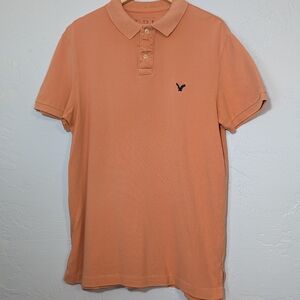 American Eagle Men's Y2K Peach Polo Shirt Preppy Casual Spring Easter Cotton LG
